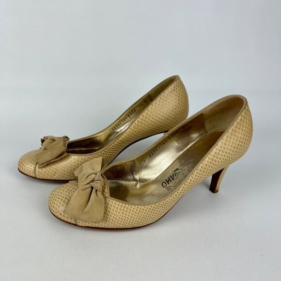 Salvatore Ferragamo Womens Tan Snake Embossed Leather Pumps Suede Bow size 9.5 - Picture 3 of 16